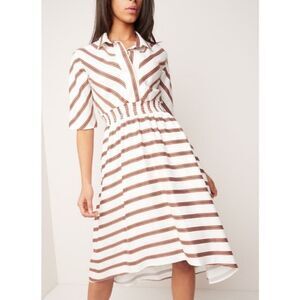 Maje High Low Dress in White and Brown Stripes